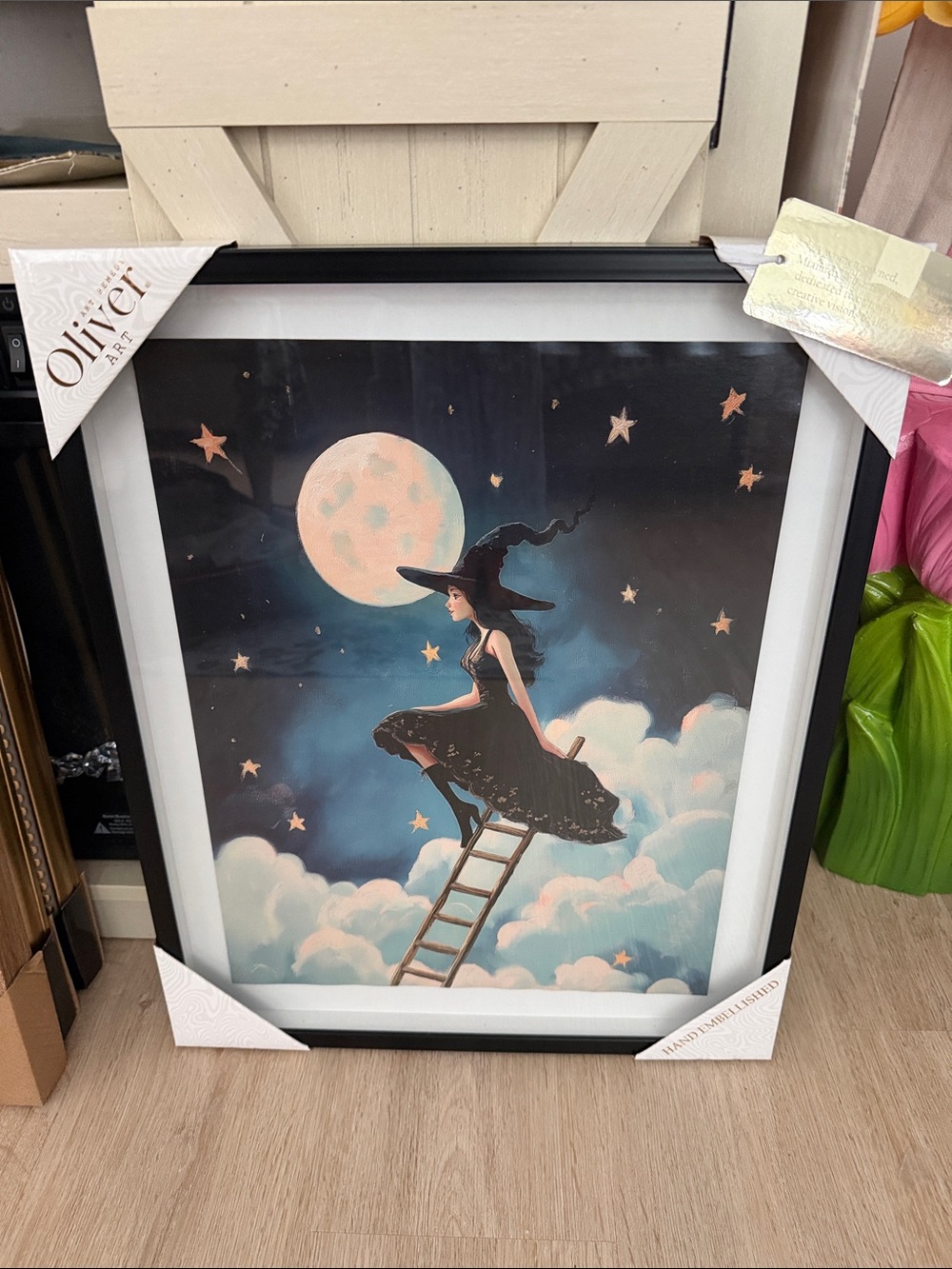Rare Artwork - Oliver Art Witch touching the Moon Black Framed Artwork